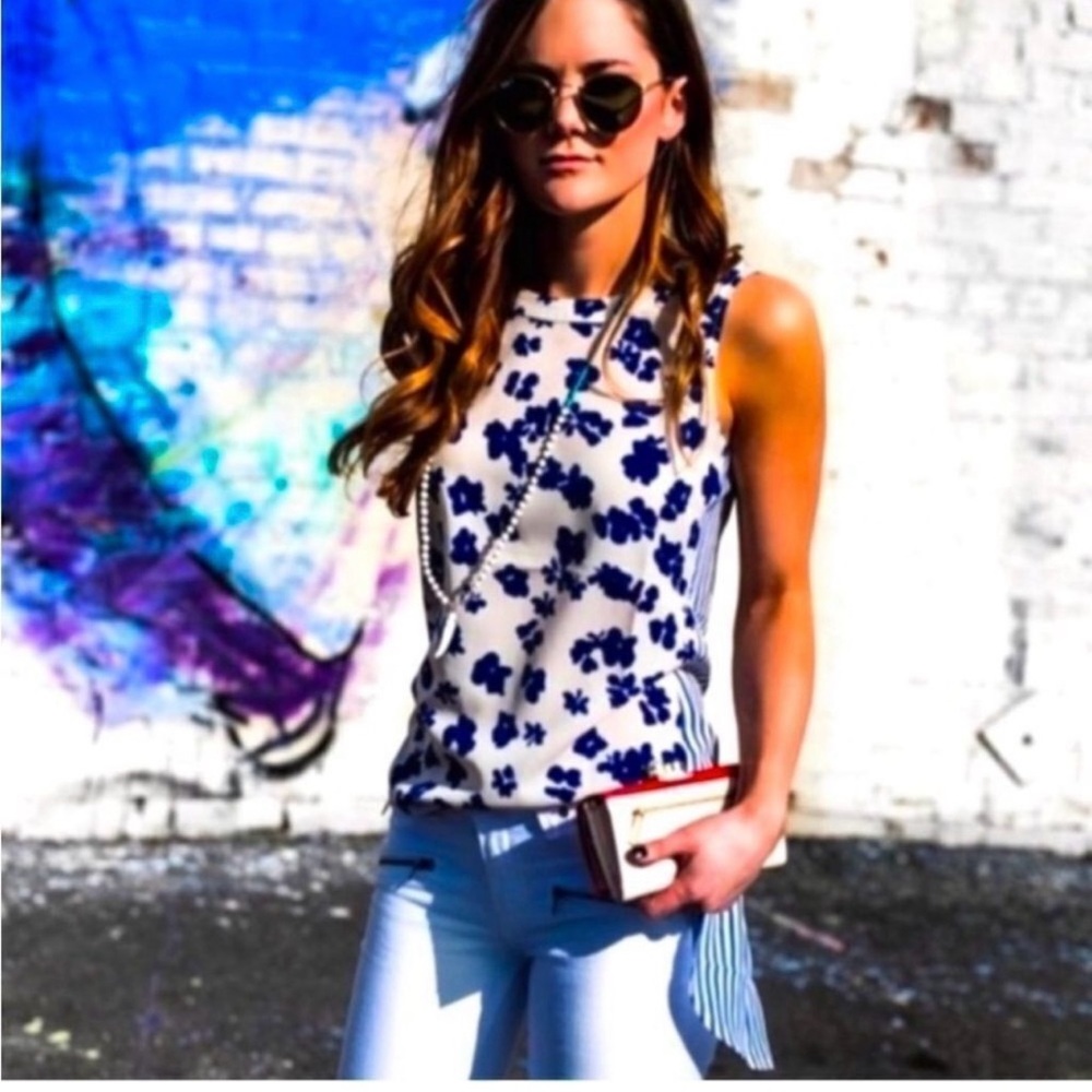 CAbi Blue and Cream Floral tunic top